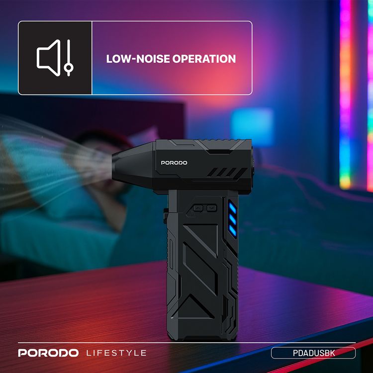 Porodo Lifestyle Turboblast Portable Air Blower with Air Nozzle Attachment, Up to 32 Minutes Working Time, 3 Adjustable Speed Levels, 160W Output Power, Low-Noise Operation, 130000RPM Motor Speed, USB-C Charging Port - Black