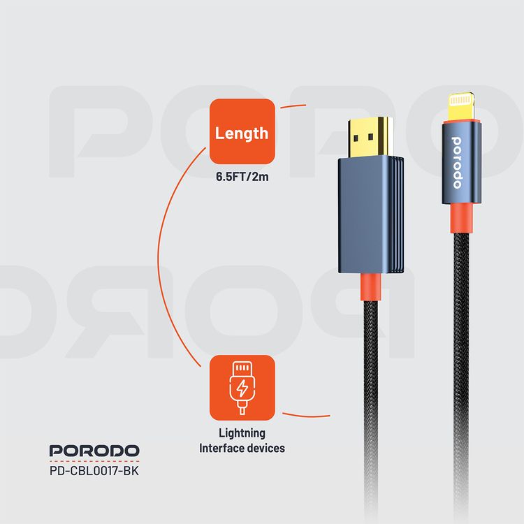 كابل بورودو المصنوع من سبائك الألومنيوم من لايتنينج إلى HDMI، بطول 2 متر، ودقة 1080 بكسل عالية الدقة، وتوصيل وتشغيل، وخالي من التشابك - أسود