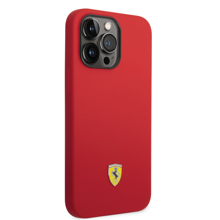 Ferrari Liquid Silicone Case with Black Camera Outline & Metal Logo iPhone 14 Pro Max Compatibility - Red