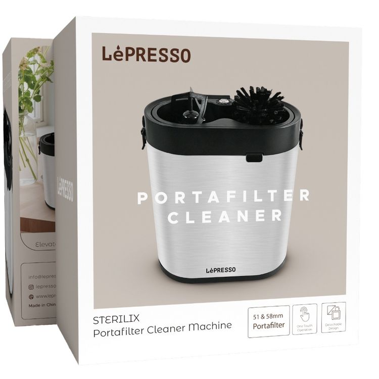LePresso Sterilix Portafilter Cleaner Machine with Stainless Steel Material, Tringular Spiral Scraper Blade Type, 51 & 58mm Portafilter, Detachable Design, One Touch Operation - Silver