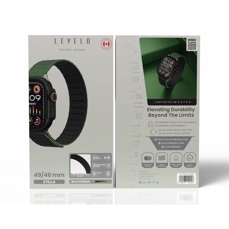 Levelo Stella Silicone Watch Strap with Magnets, Compatible with 49/46mm Smartwatches & Apple Watch SE, Series 9, 8, 7, 6, 5, Dual-Color Wearable, Hypoallergenic Material, Easy Snap-On, Sweat-Resistant, Water-Resistant - Black / Green