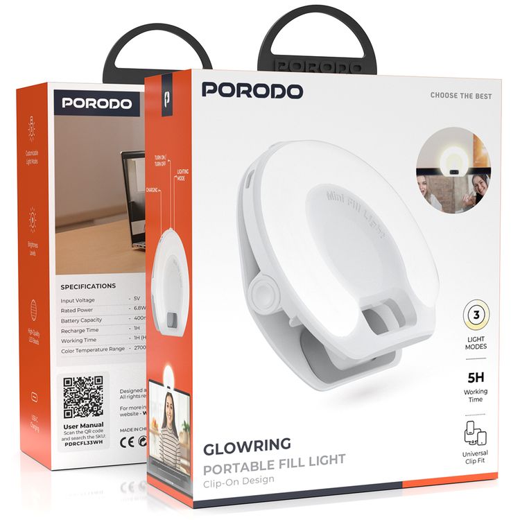 Porodo Glowring Portable Fill Light with Clip-On Design, 3 Customizable Light Modes, 9 Brightness Levels, High-Quality LED Beads, Universal Clip Fit, USB-C Charging - White