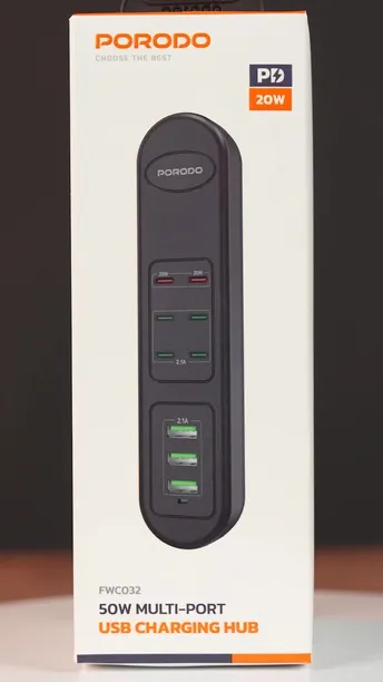 Porodo 50W Multi-Port USB Charging Hub with 20W Power Delivery, Simultaneous Charging, 2m Cable Length, Fast Charging Support, Built-in Safeguards