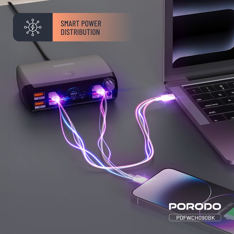 Porodo Powergate Smart Power Station with 7-Port GaN Technology, 252W Total Output, 100W Max USB-C1 & C2 Output, 45W Max USB-C3 & C4 Output, 12W Max USB-A1 Output, 30W Max USB-A2 Output, Universal Device Support, Smart Power Distribution, Multi-Device Charging, Real Time Display - Black