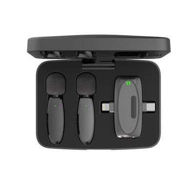 Porodo Dual Connector Lavalier Microphone Dual Mic with Charging Case, Low-Latency, Environment Noise Reduction, 21 Hours Total Working Time, 1000mAh Battery - Black