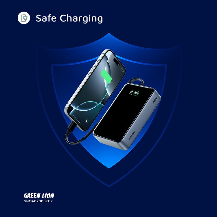 Green Lion Madrid 20 Power Bank 20000mAh with Built-in 20cm Type-C Cable, 35W Power Delivery, Real-Time Digital Display, 22.5W USB-A Output, Trickle Charging Mode, Safe Charging - Gray