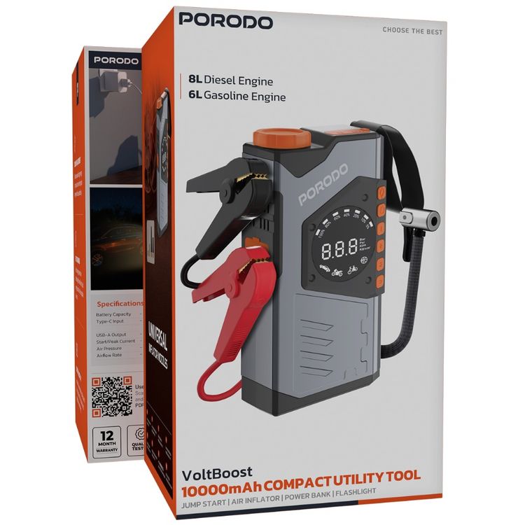 Porodo Volt Boost 3-in-1 Jump Starter with 10000mAh Compact Utility Tool, Air Inflator, Power Bank, Flashlight, ABS & PC Material, 2 Hours Charging Time, 6L Gasoline Engine, 8L Diesel Engine, 1200A Peak Current, Fast Charging Power Bank Technology, Digital Display - Gray