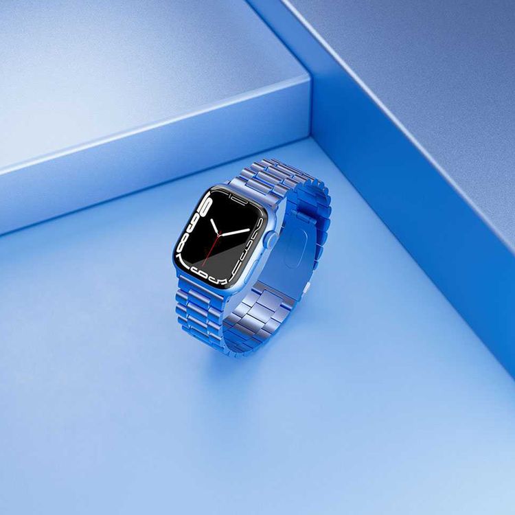 Levelo Daytona Watch Strap with Adjustable Links for Apple Watch 49/45mm, Anti-Oxidation Technology, Compatible with SE, Series 8, 7, 6, 5 & 4, Stainless Steel with Premium Metal Finish - Blue