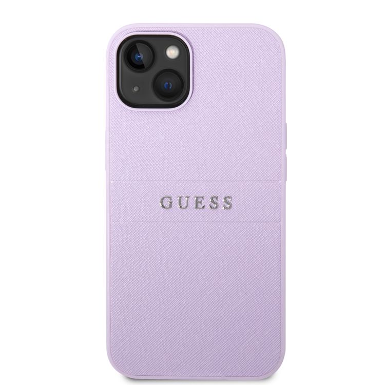 Guess PU Leather Saffiano Case with Metal Logo & Hot Stamp Stripes iPhone 14 Compatibility - Purple