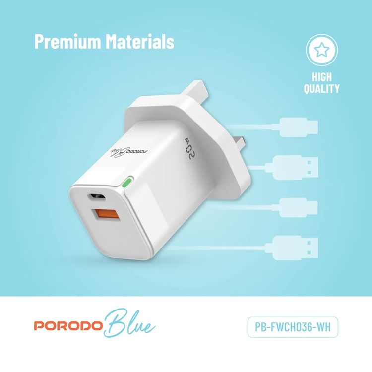 Porodo Blue Ultra-Quick Charger with USB-A & USB-C Ports, 20W, 3A Output Current, 5V Output Voltage, Multi-Device Charging, Fast Charge Support, Over Charge Protection, Overheat Protection - White