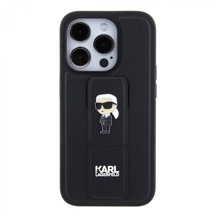 Karl Lagerfeld Saffiano Leather Grip Case With Karl Ikonik Logo - Black - iPhone 15 Pro