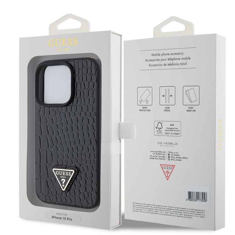 Guess Croco Case with Triangle Logo - Black - iPhone 15 Pro