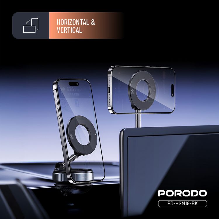 Porodo Vacuseal Rotate-Lock MagSafe Mount with N52 Magnets, Adjustable Viewing Angle, One-Hand Operation, Strong Suction, Horizontal & Vertical Modes - Black