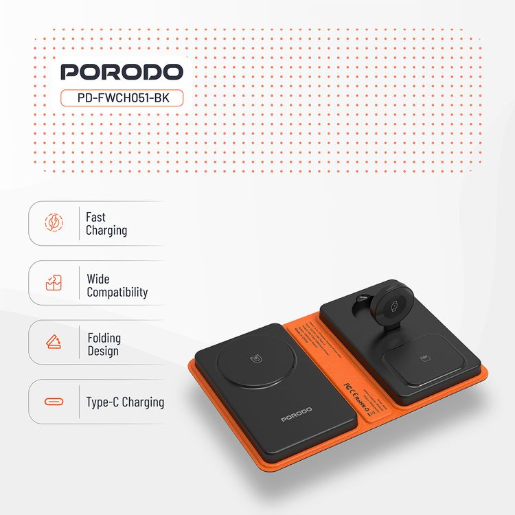 Porodo 8000mAh Folding 4-Device Charger with 10W Wireless Output, Fast Charging Support, 20W Power Delivery, Folding Design, Wide Compatibility - Black