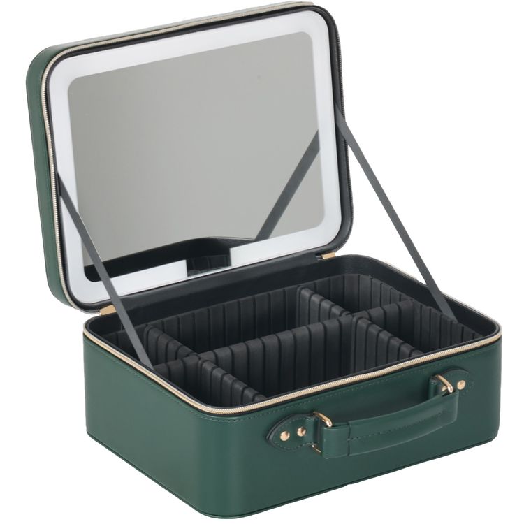 Porodo Travel Makeup Bag with Detachable 12" LED Mirror, 2000mAh Battery, 100 LED Beads, 2800K-6500K Color Temperature, 3 Light Modes, Multiple Compartments - Green