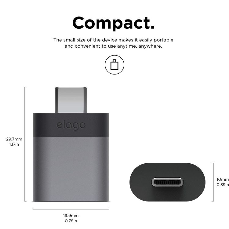 Elago Mini Aluminum USB-C to USB 3.0 Female Mini Adapter 2 Set, Flash drives, keyboards & Mouse, & Many other USB Devices, Dark Gray