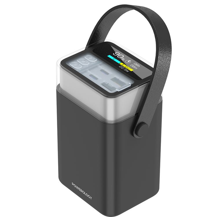 Powerology Halo Beam 40000mAh Power Bank with PD 65W, Portable Handle, Simultaneous Charging, Colorful LED Lighting, Smart Power Display, Laptop Charging - Black