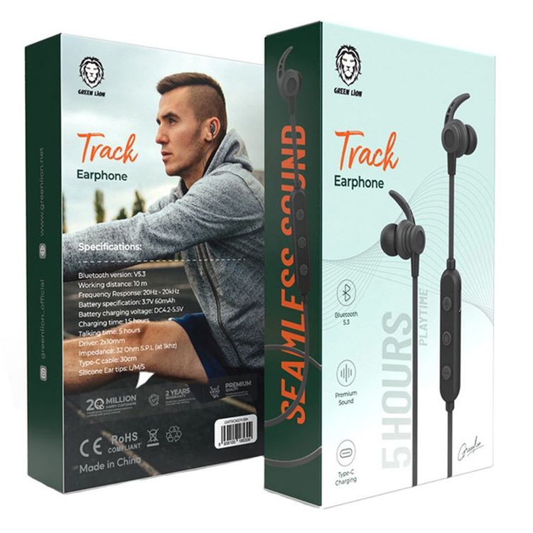 Green Lion Track Earphones with 3 Sizes Silicone Ear Tips, Premium Sound, 1.5 Hours Charging Time, 5 Hours Talking Time, Type-C Charging Port, 10mm Driver Size - Black
