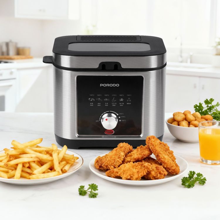 Porodo Stainless Steel 2.5L Deep Fryer with Cool-Touch Handle, 1200W Rated Power, Non-Stick Frying Basket, Adjustable Temperature, Advanced Air Circulation - Silver
