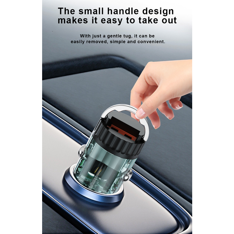 Porodo Dual Port Transparent Car Charger with USB-C to USB-C Cable, PD 36W, QC 18W, USB-A & USB-C Ports, Pull Ring Handle, Fast Charging Technology, Smart Charging Protocols, Universal Compatibility - Black