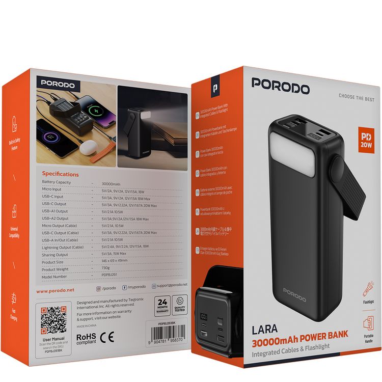 Porodo Lara 30000mAh Power Bank with Flashlight, Portable Handle, PD 20W, Fast Charging, ×2 USB-A & USB-C & Micro Ports, 4 Integrated Cables, Universal Compatibility - Black