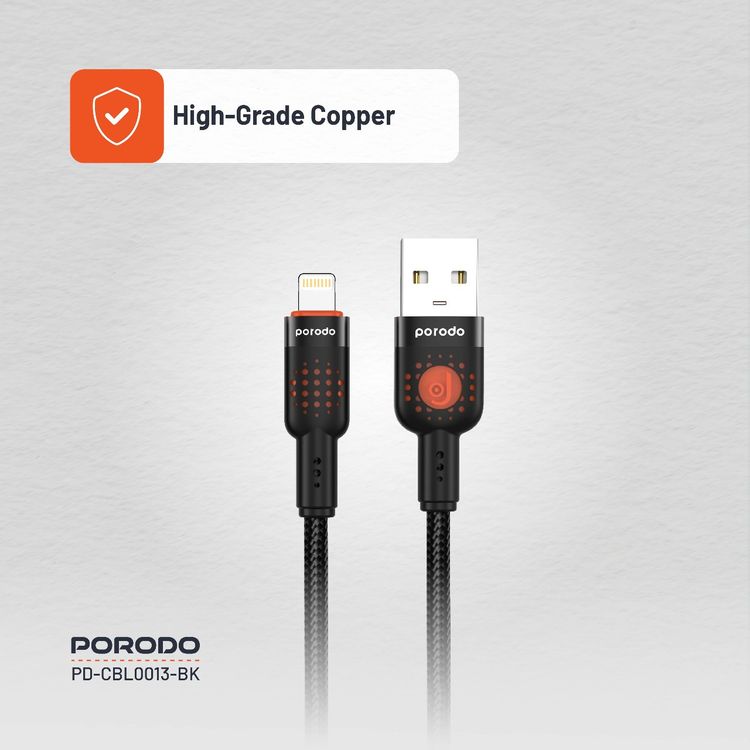 كابل مضفر من سبائك الألومنيوم من بورودو USB-A إلى Lightning 1.2، سرعة نقل 480 ميجابت في الثانية، 2.4 أمبير، عمر افتراضي يزيد عن 15000 ثنية، خالٍ من التشابك - أسود