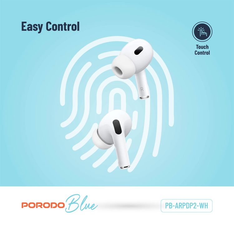 Porodo Blue Earbuds Pro 2 With Swipe Volume, 20 Hours Working Time, Wireless Charging, Deep Bass, Independent Earbuds, Touch Control -  White