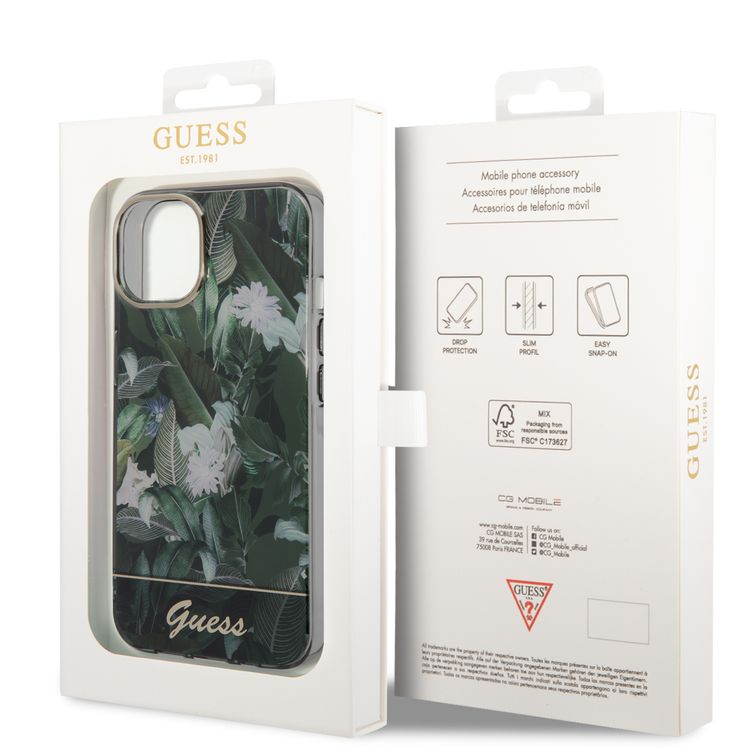 Guess PC/TPU IML Case with Double Layer Electroplated Camera Outline & Jungle Design iPhone 14 Plus Compatibility - Green