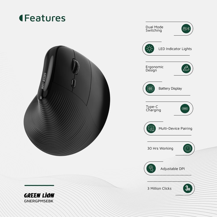 Green Lion Ergo Grip Vertical Mouse with Adjustable DPI, Multi-Device Pairing, 2 Hours Charging Time, 30 Hours Working Time, 60cm Type-C Cable Length, 10m Transmission Distance - Black