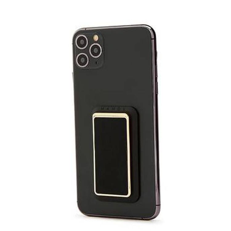 مقبض وحامل مطليان بالكهرباء من الجلد الناعم ، أزواج مع أي هاتف ذكي ، مسند متعدد الوظائف متوافق مع الشحن اللاسلكي - أسود / ذهبي