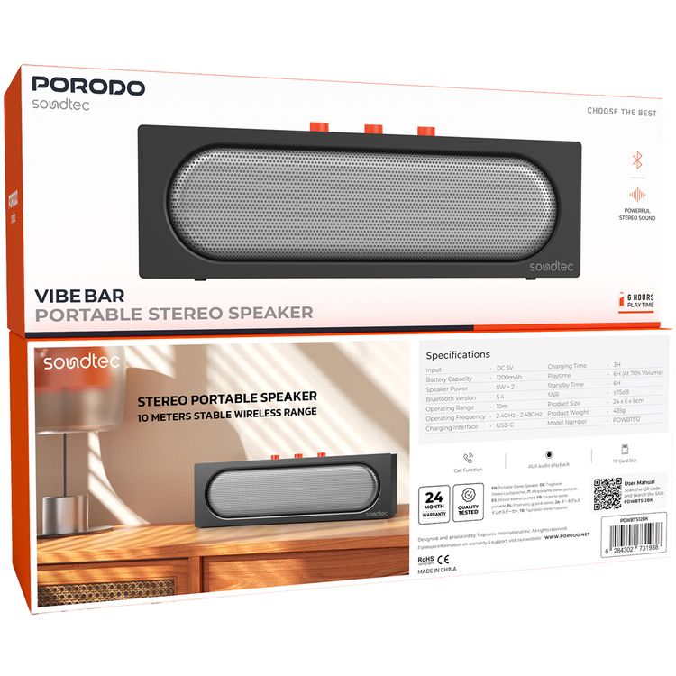 Porodo Portable Stereo Speaker with 5.4 Bluetooth Version, 6 Hours Working Time, Multi-Function Button, 10m Operating Range, Call Function, TF Card Slot, Dual 5W Speakers - Black