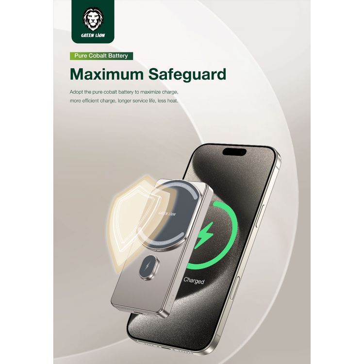Green Lion 5000mAh Milton Powerbank with Pure Cobalt Battery, 15W Wireless Charging, Strong Magnetic, Smart Chip - Titanium