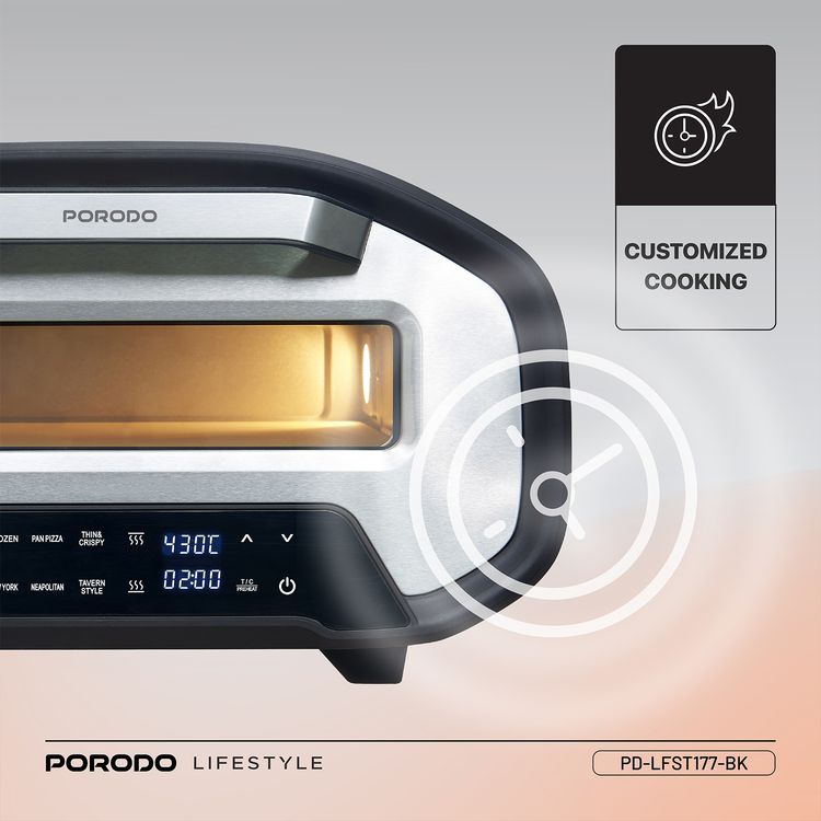 Porodo 12" Indoor Electric Pizza Maker with 7 Preset Programs, 80-430°C Temperature Control, 2200W Rated Power, Up to 60 Minutes Timer, Digital Display, Interior Lighting - Black