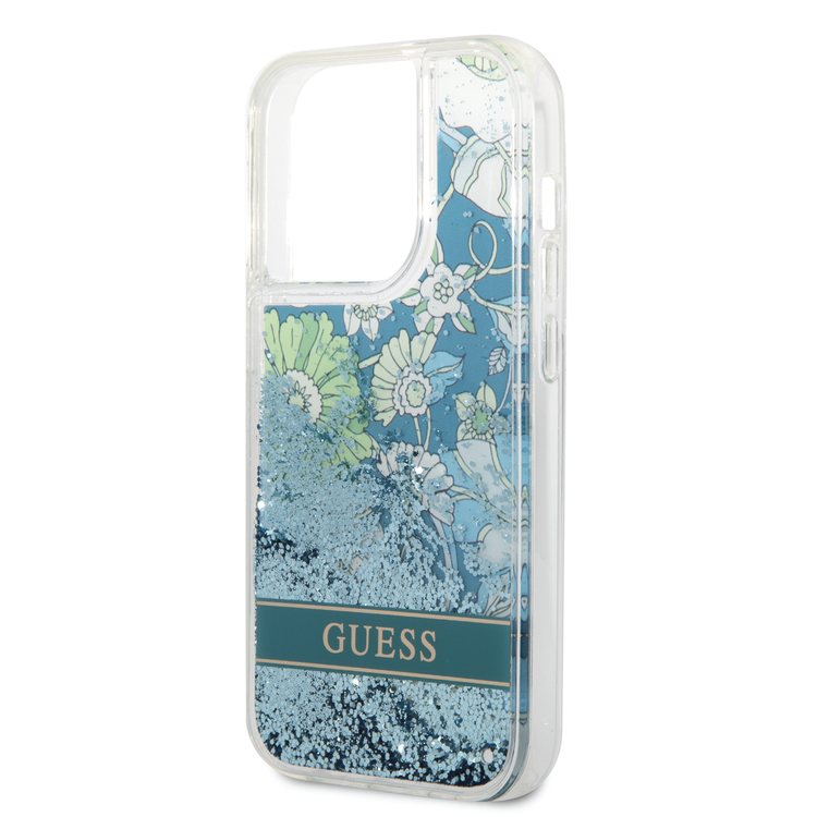 Guess Liquid Glitter Case with Flower Pattern Extra Shine Smooth Touch Feel iPhone 14 Pro Compatibility - Green