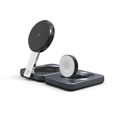 Powerology 3-in-1 Multi-Device Charging Stand with Active Cooling System, 15W Wireless Charging, Type-C Port, Smart & Portable Design, MagSafe Compatibility - Black