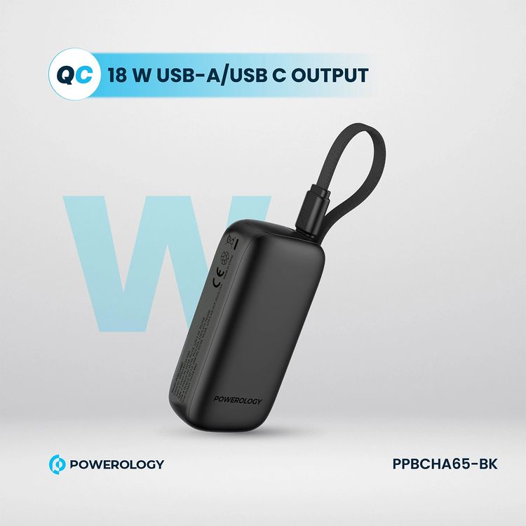 بنك طاقة Powerology بسعة 5000 مللي أمبير في الساعة مع سلك USB-C قابل للإزالة، وتقنية شحن متقدمة، وشحن لجهازين، وصغير الحجم وقابل للحمل، مع حماية مدمجة، وتوصيل طاقة بقوة 20 وات - أسود