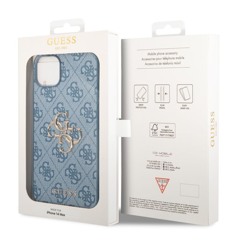 Guess PU Leather 4G Classic and Stylish Case with Big Metal Logo iPhone 14 Plus Compatibility - Blue