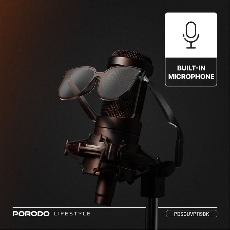 Porodo Lifestyle Optix Smart Glasses with Audio, Built-in Microphone, 6 Hours Playtime, Type-C Charging Interface, UV400 Protection, Bluetooth Version 5.3, 10m Transmission Range, 2x 110mAh Battery Capacity, Touch Control, Dual Stereo Speakers, Hi-Fi Sound Quality - Black