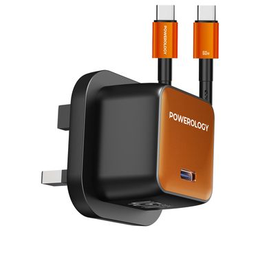Powerology QX 45W Pocket-Sized GaN Adapter with Safety Protections, 1m USB-C to USB-C Cable Included, USB-C Port, Ultra-Compact Design, UK 3-Pin Plug, PD 45W - Black / Titanium Orange