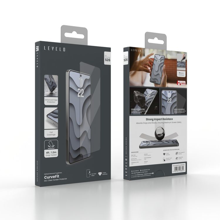 Levelo CurveFit DLC Clear Screen Protector for Samsung S26, 7H Mohs Hardness, Oleophobic Coating, Full Coverage, Impact Resistance, Anti-Fingerprint Coating - Clear with Black Edge