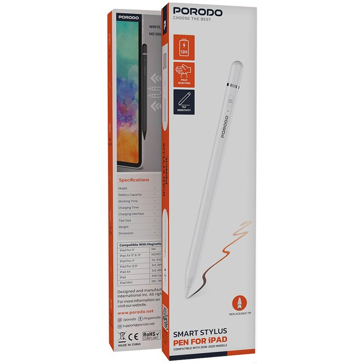 قلم ذكي من بورودو لأجهزة آيباد، طرف قابل للاستبدال، مقاس الطرف 1.7 مم، واجهة شحن من النوع C، سعة بطارية 140 مللي أمبير/ساعة، وقت شحن 40 دقيقة، وقت عمل من 10 إلى 12 ساعة، ملحق مغناطيسي - أبيض