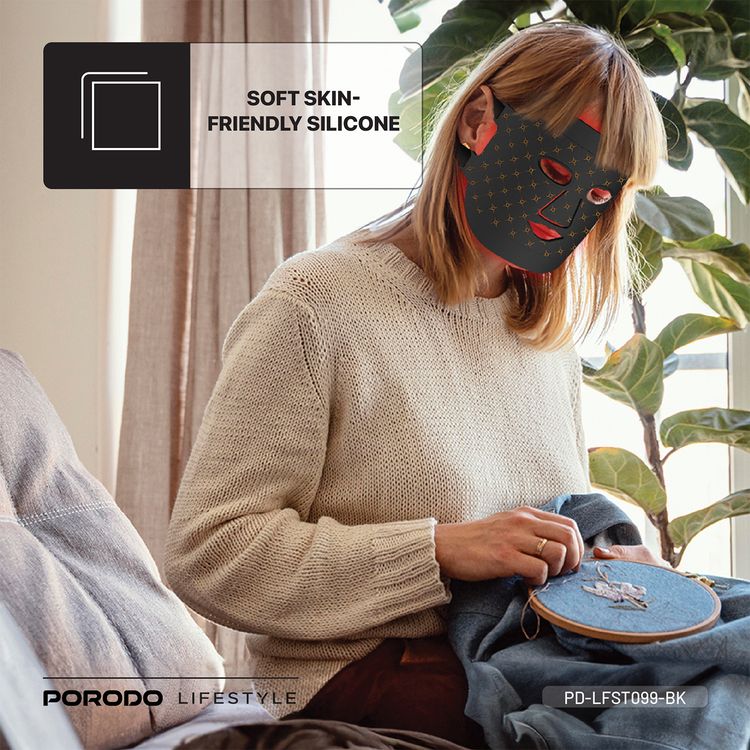 Porodo Lifestyle Red Light Therapy Face Mask with Portable Battery Connection, Type-C Charging Cable, 1000mAh Battery Capacity, 7-Color Light Therapy - Black