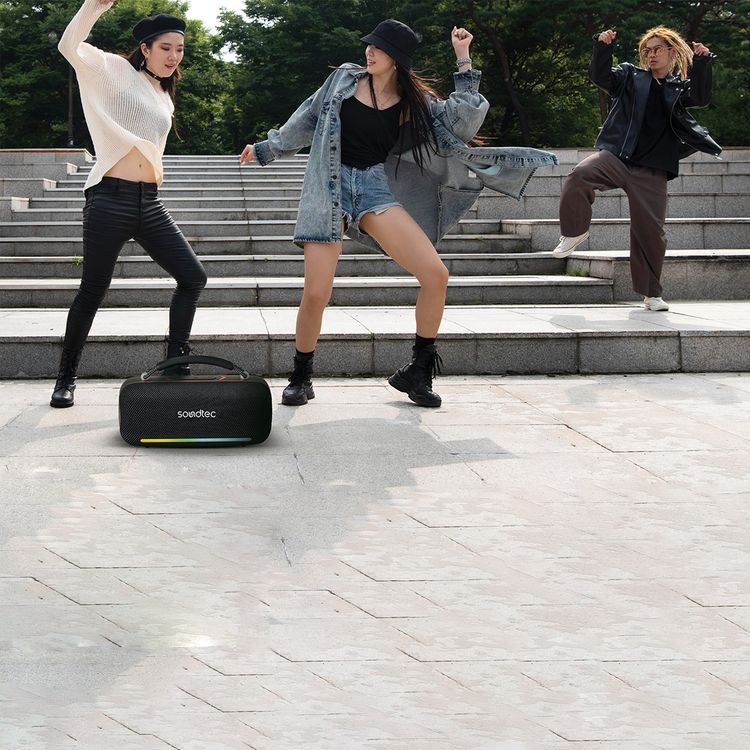 Porodo Soundtec Sonify Portable Wireless Speaker with Grip Handle, 4000mAh Battery, 30W Output Power, Bluetooth Version 5.3, USB-C Charging Interface, Up to 5.5 Hours Play Time, RGB Lights, High Fidelity Sound - Black