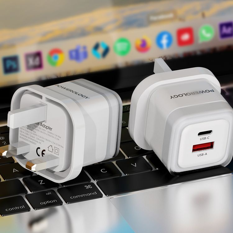 Powerology Lunex Dual-Port Fast Charging Adapter with USB-C & USB-A Ports, 35W Power Delivery, 22.5W USB-A Output, UK 3-Pin Plug, Universal Protocol Support, Multi-Device Charging - White