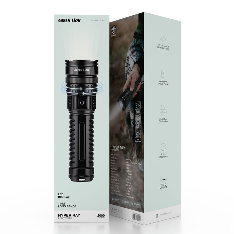Green Lion Hyper Ray LED Torch with LED Display, Built-in Power Bank, Up to 8 Hours Working Time, 5 Light modes, 30W Power, Aluminum Alloy Material, 2000 Lumens Brightness - Black