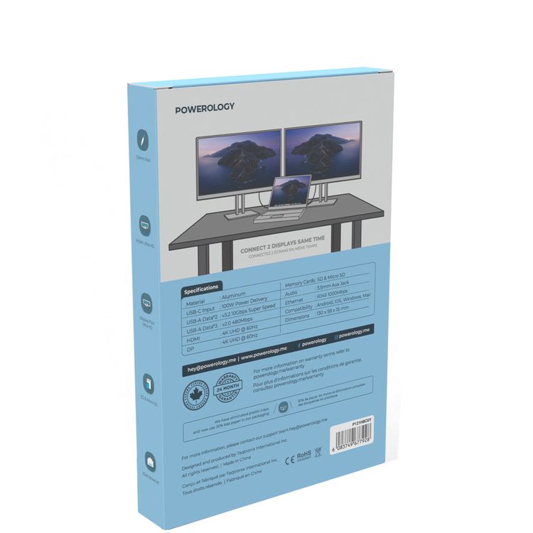 Powerology 12 in 1 - Hdmi & DP 4K Usb-C Hub Ethernet 10Gbps Data Transfer - Gray
