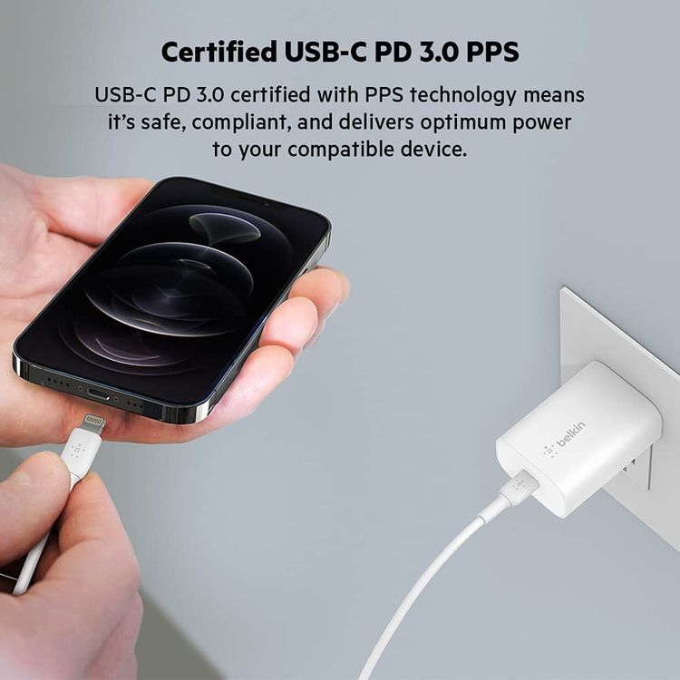 Belkin USB-C PD 3.0 PPS Wall Charger 25W + USB-C to Lightning Connector Cable, fast charger - White