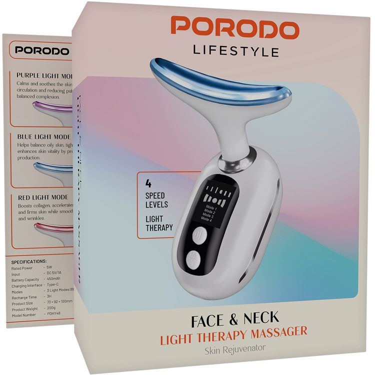 Porodo Lifestyle Face & Neck Light Therapy Massager with 4 Speed Levels, 5W Rated Power, Type-C Charging Interface, 3 Light Modes, Warm Massage Therapy, Skin Firming Vibration, Ion Deep Cleaning - White
