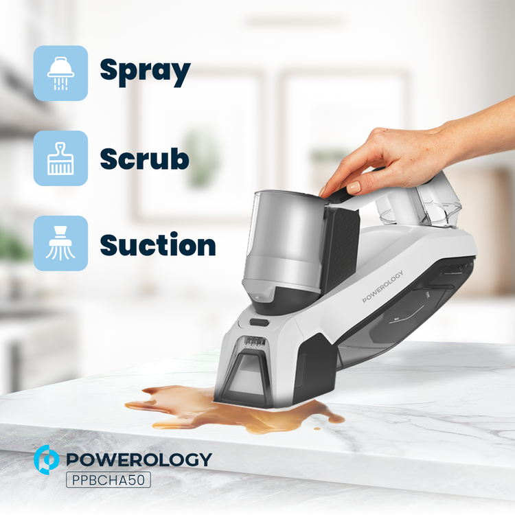 Powerology Cordless Spot Cleaner, 500ml Capacity, 60W, 8000Pa Suction Power, 2000mAh Battery Capacity, less than 76db Noise Level - White