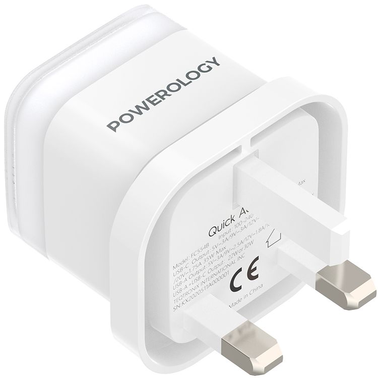 Powerology Lunex Dual-Port Fast Charging Adapter with USB-C & USB-A Ports, 35W Power Delivery, 22.5W USB-A Output, UK 3-Pin Plug, Universal Protocol Support, Multi-Device Charging - White